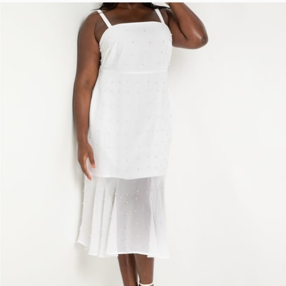 Eloquii White Beaded Mesh Midi Dress